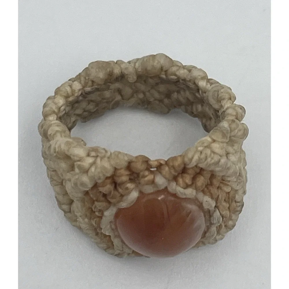 Beige Macrame Ring W/ Natural Orange Stone Handmade Bohemian Boho Beach Size 5